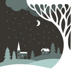 Happy new 2021 year and Merry Christmas  Greeting card. Whimsical tree branches silhouette and little houses