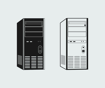 Computer case vector Icon design. Computer symbol, Computer box, Computer case vector icon set. Black vector illustration on white background. CPU