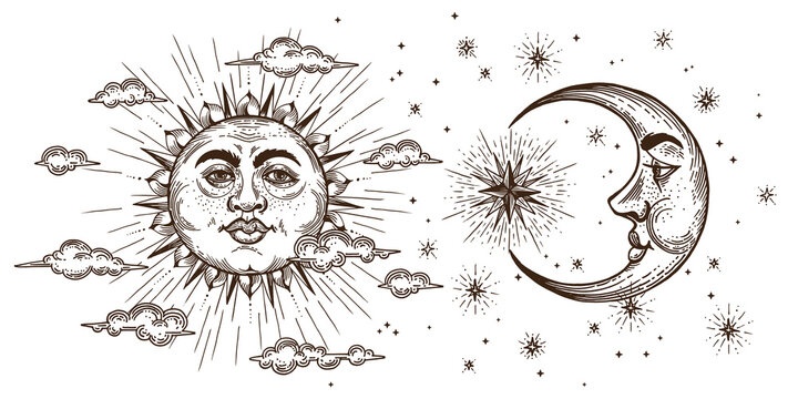 Set of Sun, Moon and Crescent, hand drawn in engraving style. Vector graphic retro illustrations.