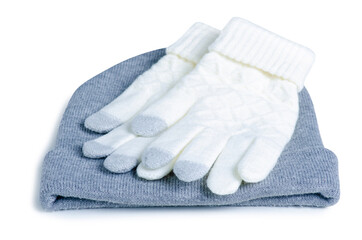 White gray warm knitted gloves and hat on white background isolation
