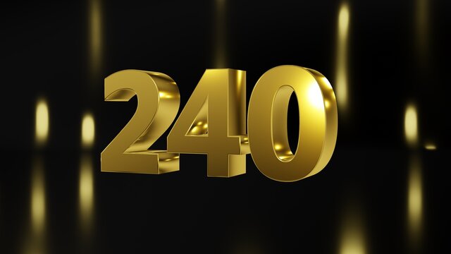 Number 240 in gold on black and gold background, isolated number 3d render