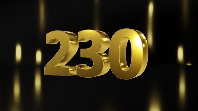 Number 230 in gold on black and gold background, isolated number 3d render