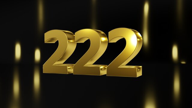Number 222 in gold on black and gold background, isolated number 3d render