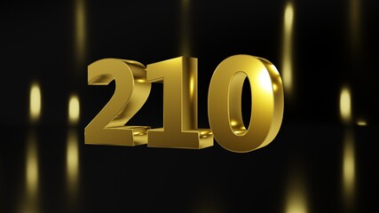 Number 210 in gold on black and gold background, isolated number 3d render