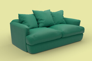 Green couch with pillows on studio yellow background.