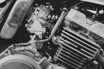Motorcycle details.Motorcycle engine close up.Black and white photo.