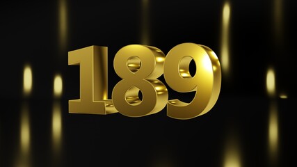 Number 189 in gold on black and gold background, isolated number 3d render