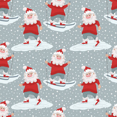 Vector seamless pattern with santa ice skating and skiing on grey background with white dots