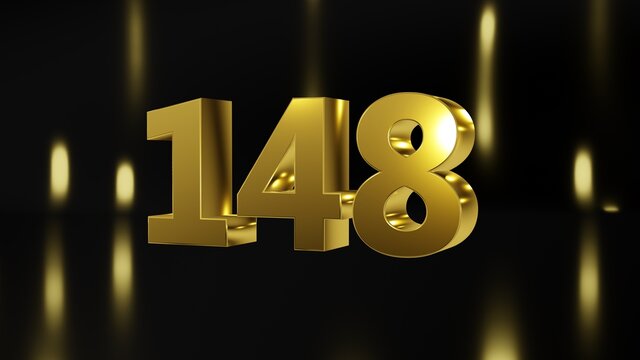 Number 148 in gold on black and gold background, isolated number 3d render