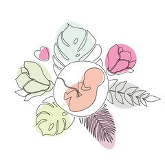 Silhouette of a child in flowers and leaves