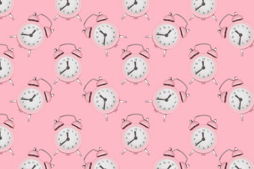 Background from alarm clocks. Antique alarm clocks. Pattern. Top view.