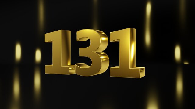 Number 131 in gold on black and gold background, isolated number 3d render