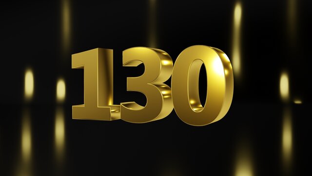 Number 130 in gold on black and gold background, isolated number 3d render