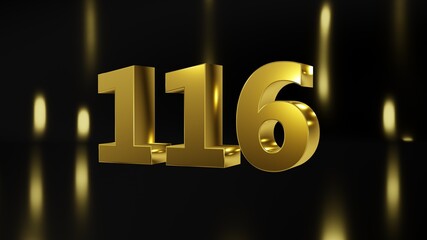 Number 116 in gold on black and gold background, isolated number 3d render