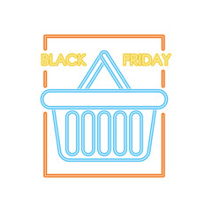 black friday neon design with shopping basket icon, colorful design