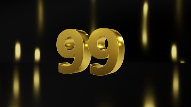 Number 99 in gold on black and gold background, isolated number 3d render