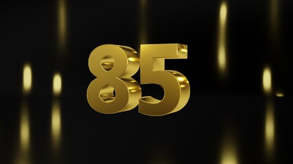 Number 85 in gold on black and gold background, isolated number 3d render