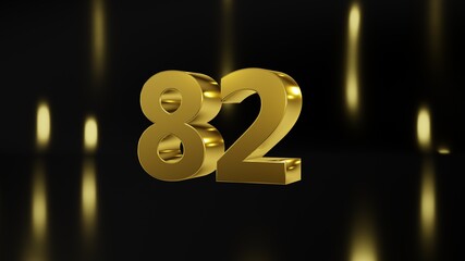 Number 82 in gold on black and gold background, isolated number 3d render