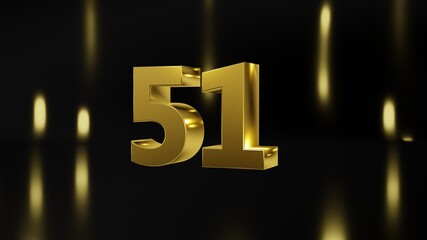 Fototapeta na wymiar Number 51 in gold on black and gold background, isolated number 3d render