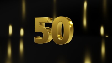 Number 50 in gold on black and gold background, isolated number 3d render