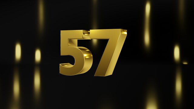 Number 57 in gold on black and gold background, isolated number 3d render
