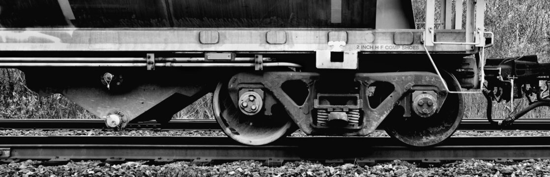 Freight train car wheelset. Wide format image.