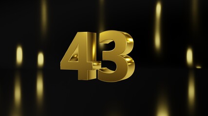 Number 43 in gold on black and gold background, isolated number 3d render