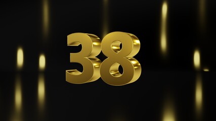 Fototapeta na wymiar Number 38 in gold on black and gold background, isolated number 3d render