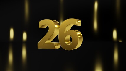 Number 26 in gold on black and gold background, isolated number 3d render