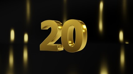 Number 20 in gold on black and gold background, isolated number 3d render