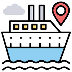 Obraz premium A big cruise ship with location marker in sea where zigzag waves indicating water, a notion for sea route icon 
