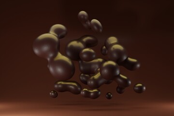 Big drops of liquid chocolate soar in the air, 3D rendering