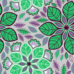 Seamless pattern of flowers and leaves. Isolated floral elements, big size jpeg. Perfect for paper, web, Wallpaper, printing, greeting cards, scrapbooking, etc.