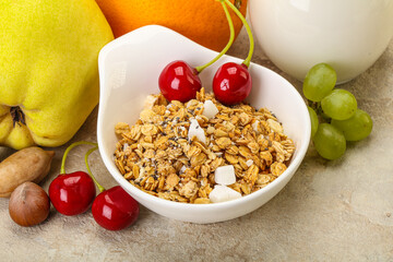 Breakfast with granola and milk