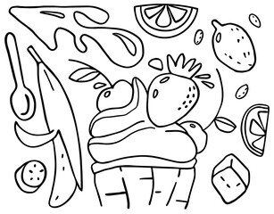 Vector illustration Doodle on theme of ice cream. It also shows slices lemon, piece ice, banana, and splash of juice. It can be used for packaging, interior design, web design, etc.