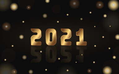 Vector golden numbers 2021 with reflection on the black background. Gold collection for winter decor.