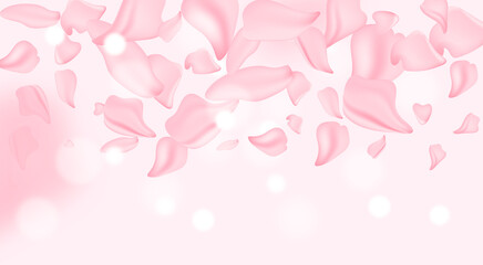 Petals falling. April floral nature. Spring blossom and may flowers on pink. For banner, branches of blossoming cherry against background. Dreamy romantic image, landscape, copy space.