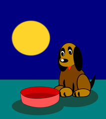 A small brown dog, with long black ears, sitting at by empty food dish.
