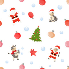 Seamless pattern with New Year symbols. Ornament with christmas tree, bulls and snowmen in Santa costume, balls.