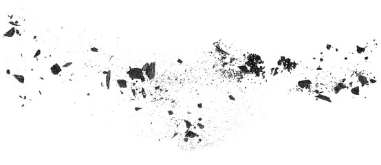 Charcoal dust. Black coal powder scattered, isolated on a white background. Wooden charcoal.
