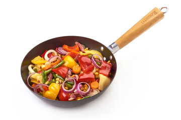 Vegetables in a frying pan, Chinese recipes WOK. Isolated on white background