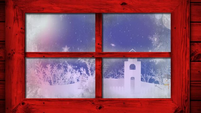 Animation of winter scenery seen through window with snowflakes falling on blue background