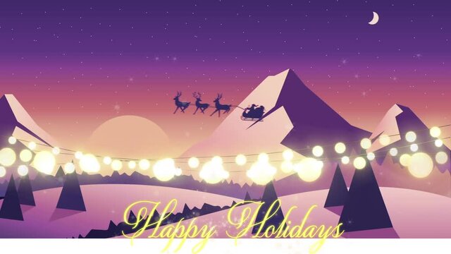 Animation of happy holidays text with santa claus in sleigh being pulled by reindeers