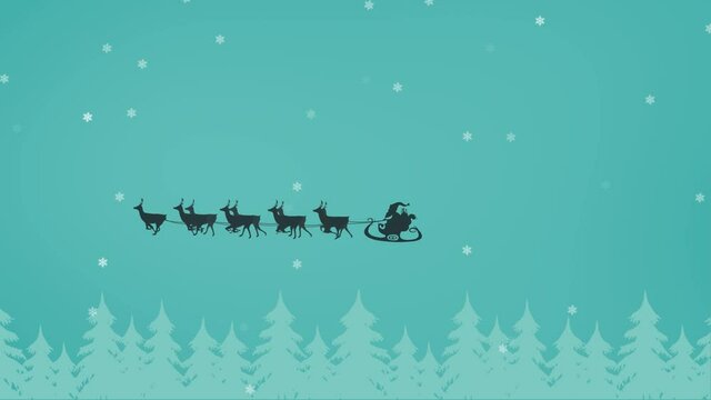 Animation of black silhouette of santa claus in sleigh being pulled by reindeers and snow falling on