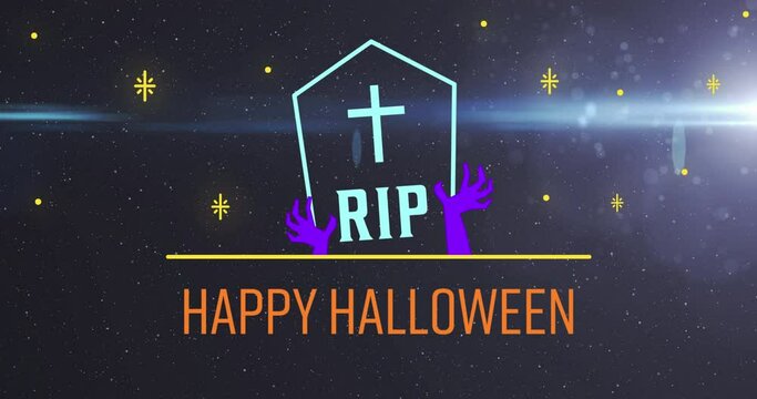 Animation of happy halloween and rip text on tombstone with stars and full moon on black background