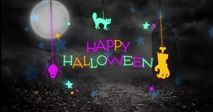 Animation of happy halloween neon text with cat