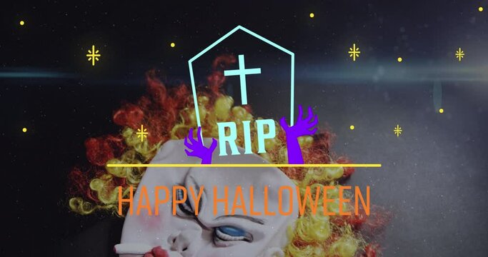 Animation of happy halloween and rip text on tombstone with stars and clown mask falling in the back