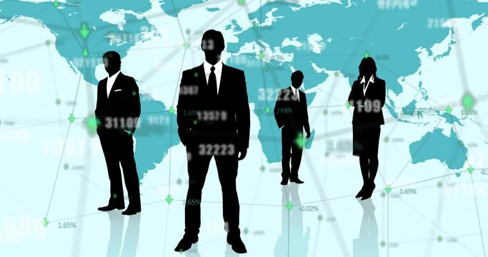 Animation of numbers changing with black silhouettes of business people over world map on blue backg