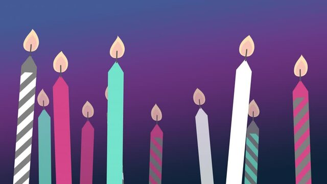 Animation of multiple lit birthday candles on purple background