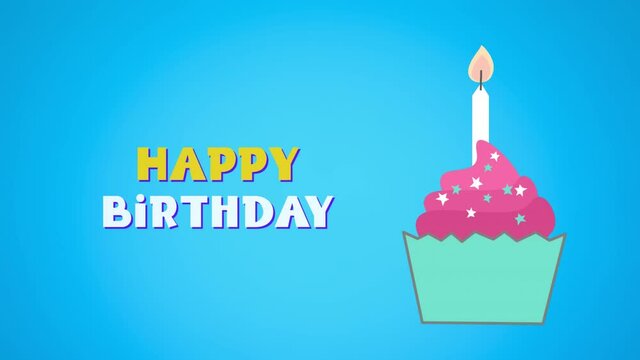 Animation of happy birthday text and birthday candle in cupcake on blue background
